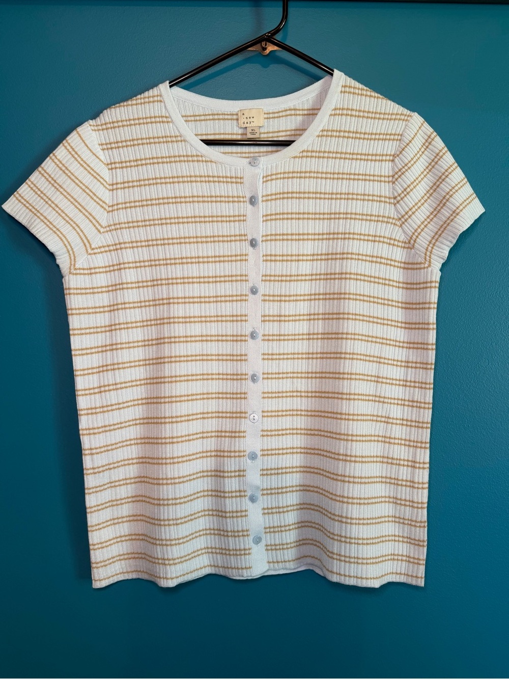 a new day light blue Short-Sleeve Ribbed Button-Front Top with Tan Stripes